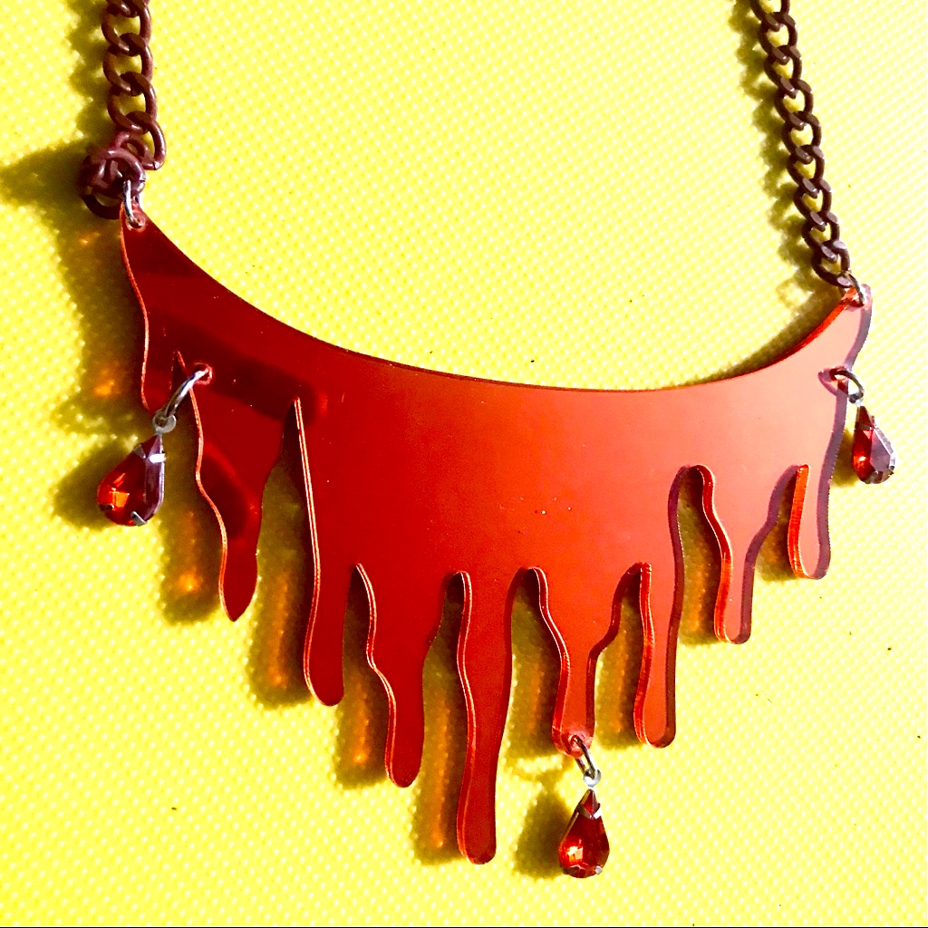 Vtg Halloween Jewelry Mirrored Red Necklace Dripping Blood Bloody Acrylic